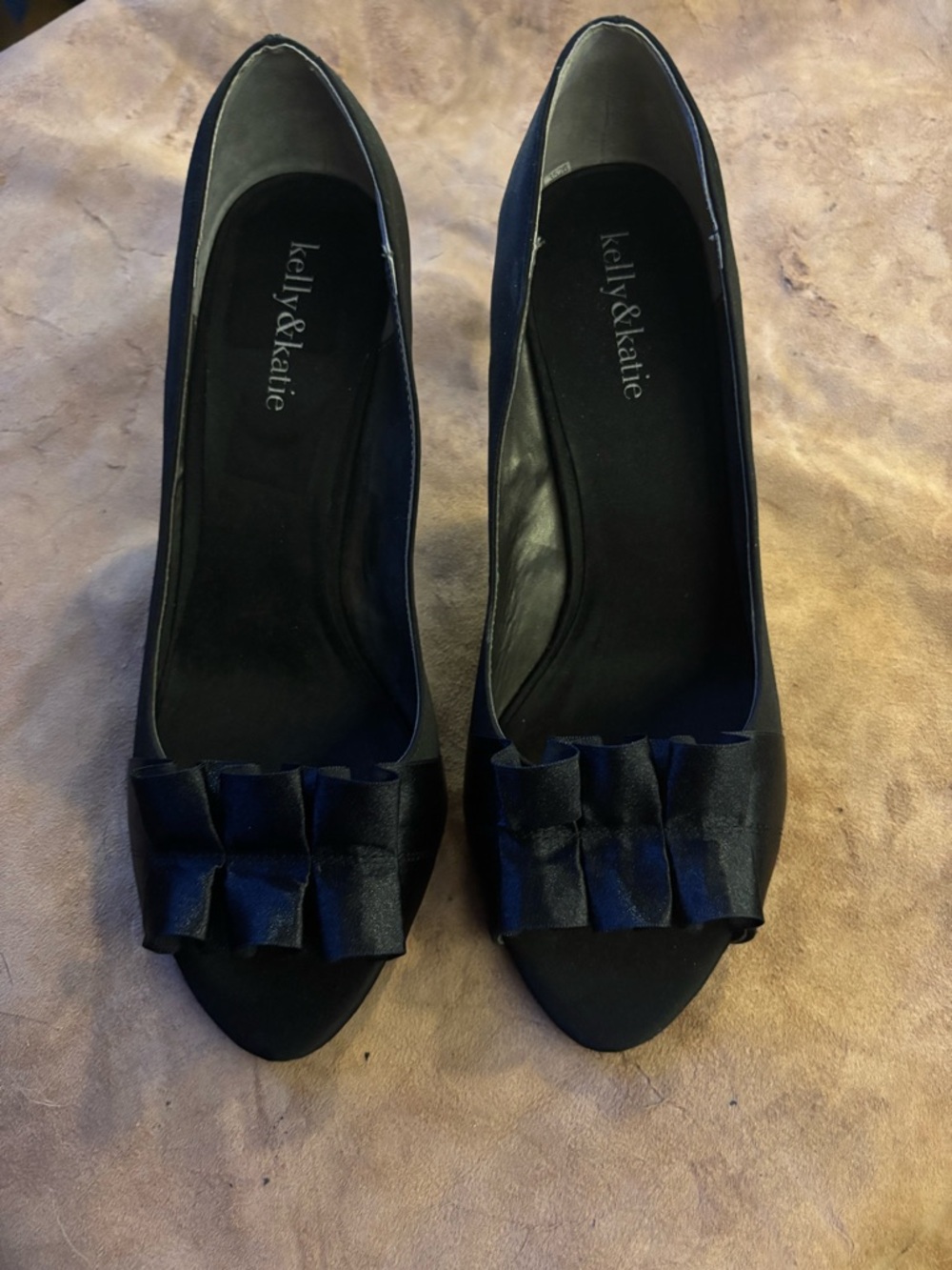 Kelly & Katie Black Satin Peep-Toe Pumps with Ruffled Bow